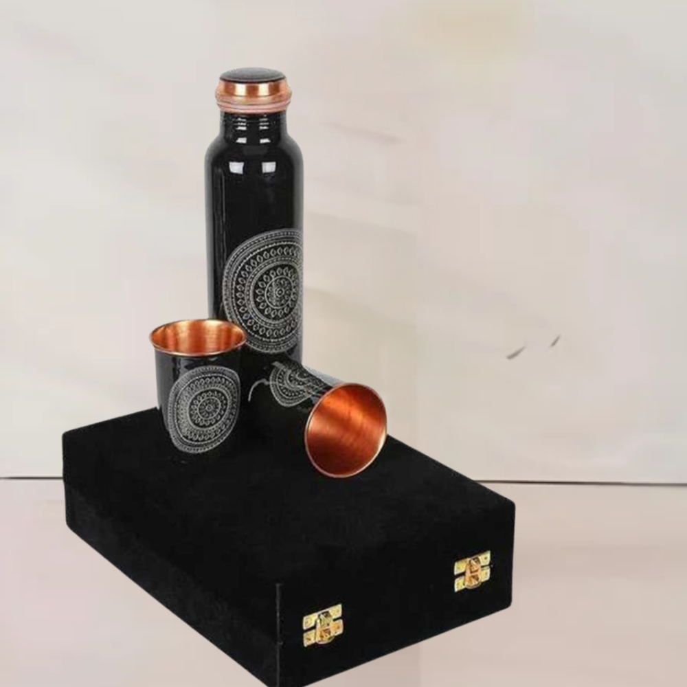 Q7  BLACK MEENAKARI COPPER BOTTLE GIFT SET BOX EXTRA