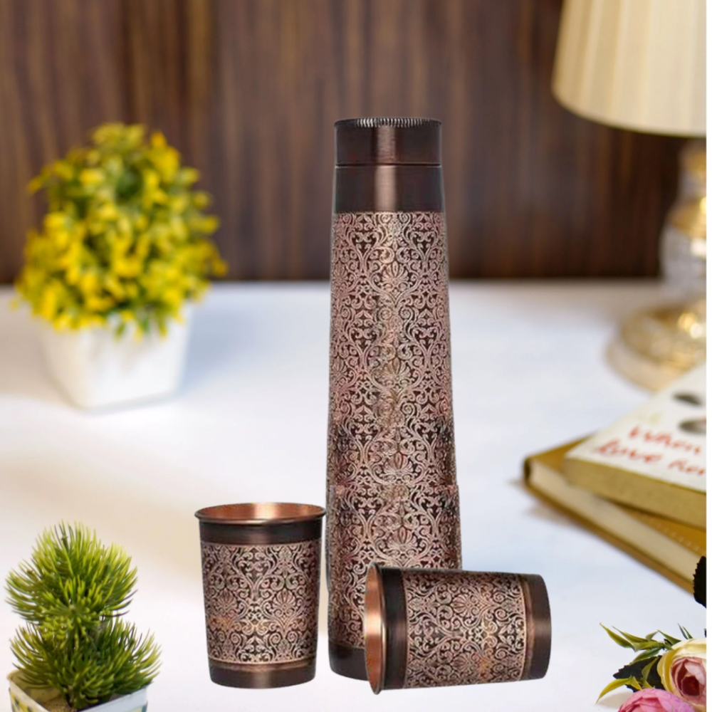 Copper Etching Tower Bottle With Two Glasses Gift Set