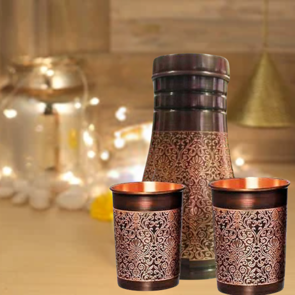 Copper Etching Sugar Pot With Two Glasses Gift Set