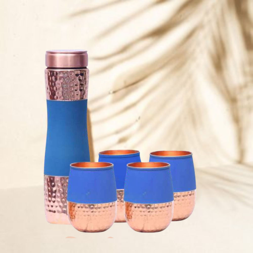 PREMIUM COPPER CODED CURVED BOTTLE WITH 4  ROUND GLASS GIFT SET