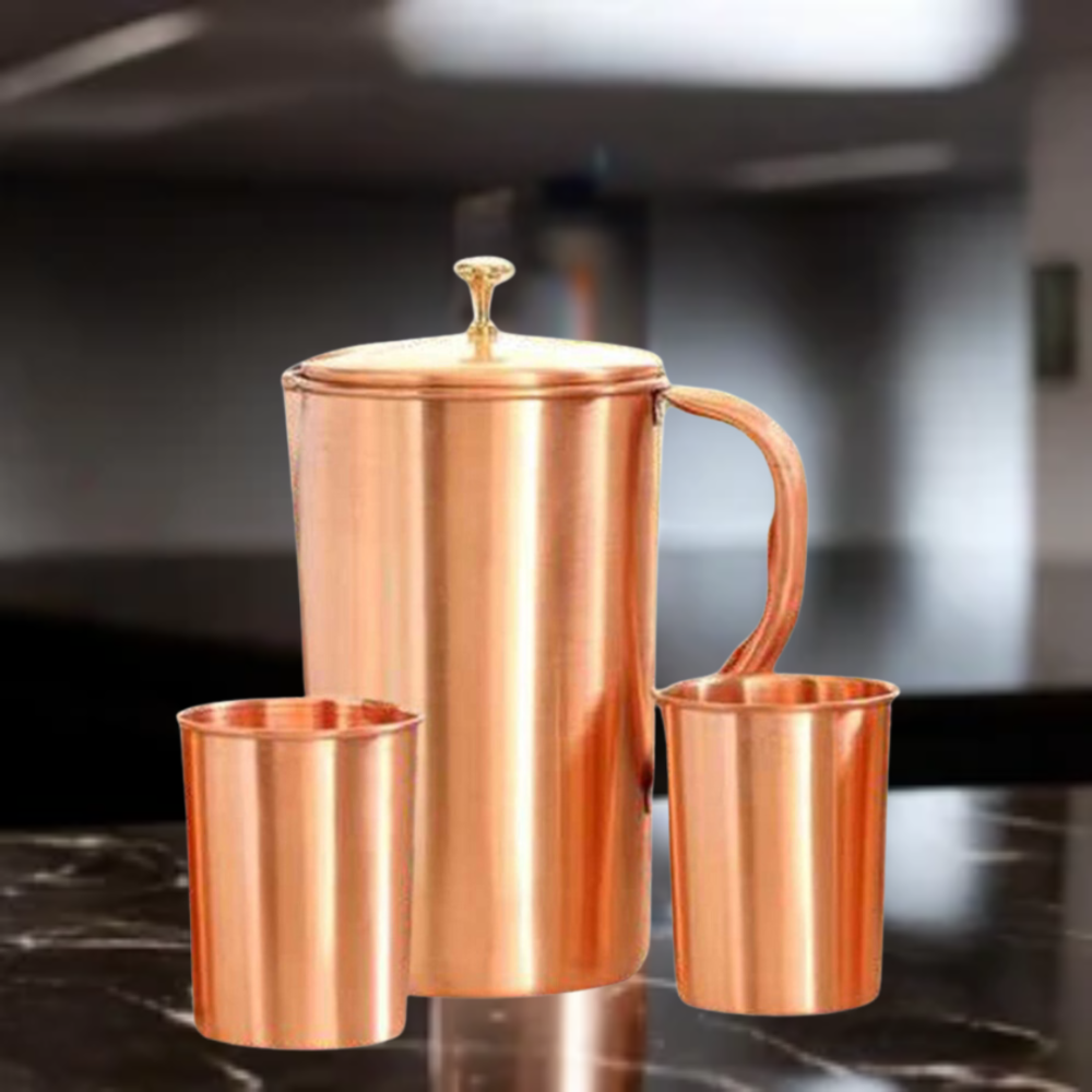 Copper Plain Jug With Glass Set