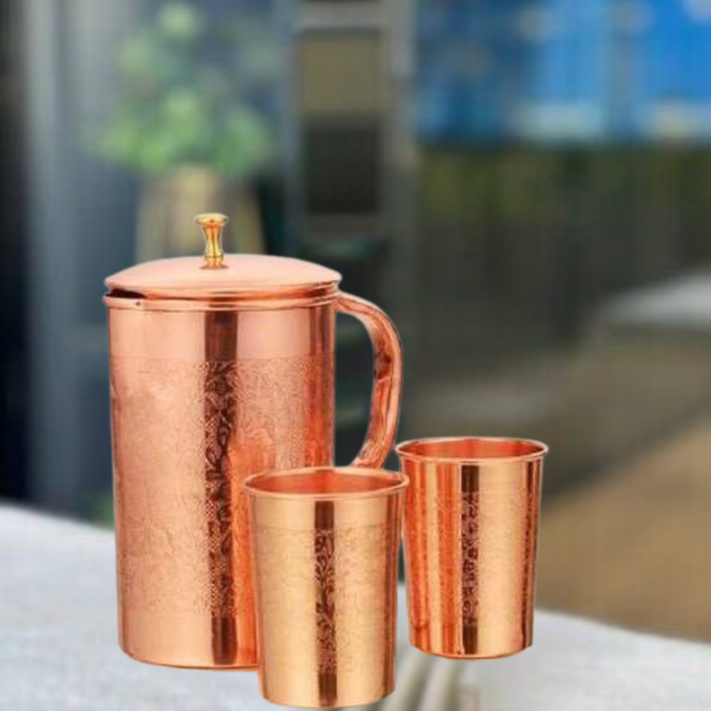 Copper Etching Jug With Glass Set