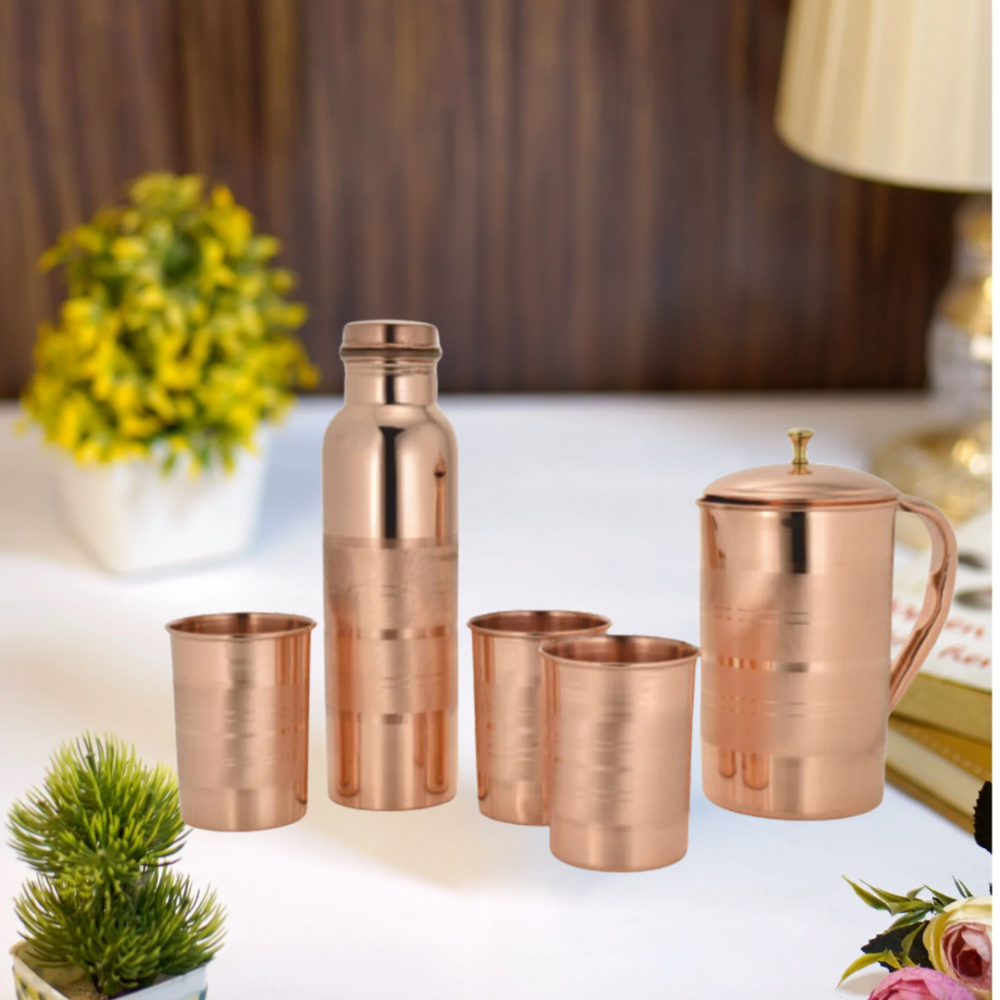 Copper Plain Jug With Glass Set
